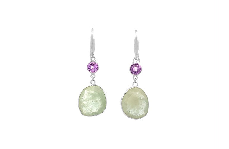 Pink & White Two Stone Sapphire Drop Earrings in White Gold | 11.90ctw