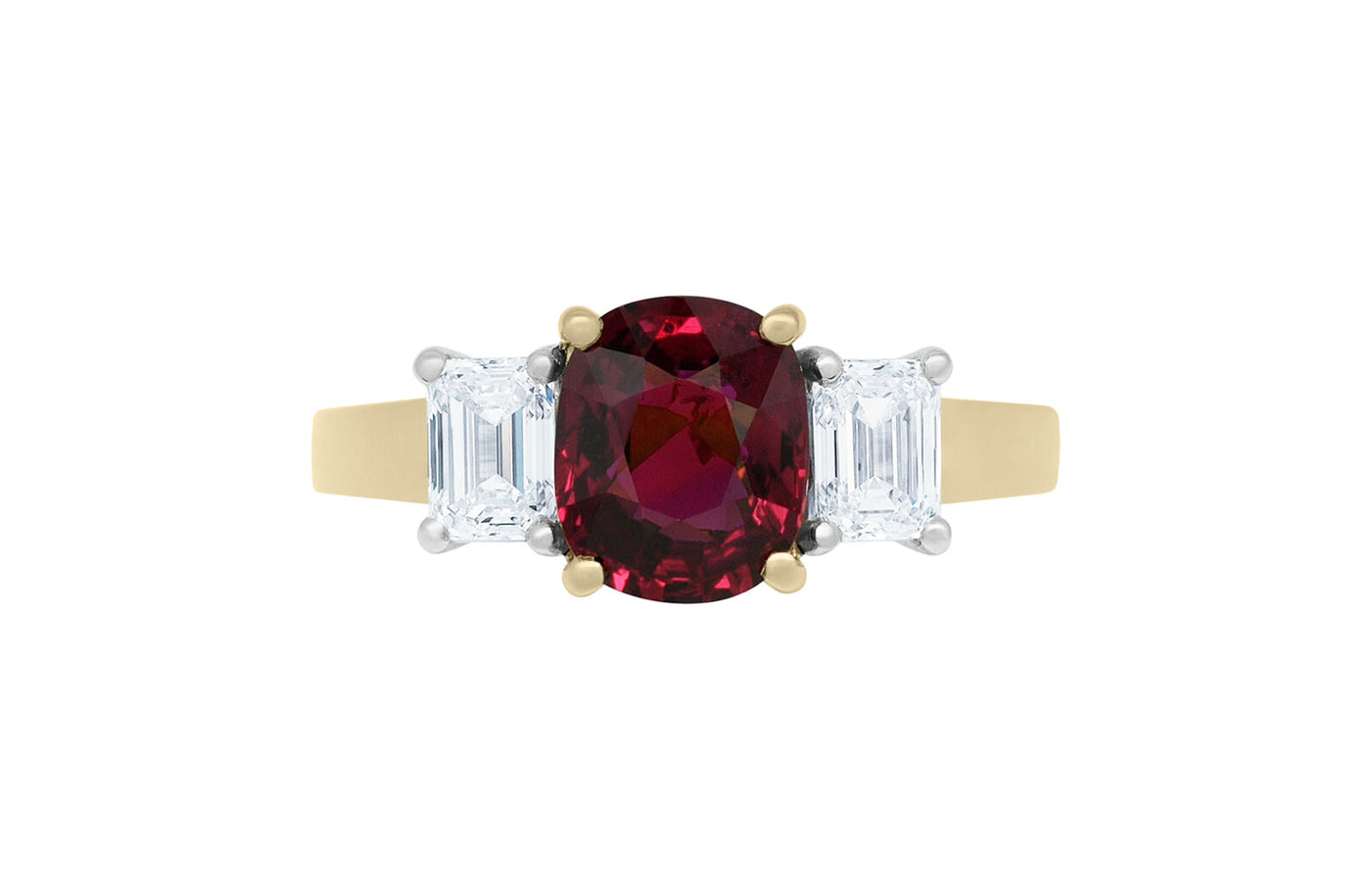 Vermilion: Cushion Cut Ruby and Emerald Cut Diamond Three Stone Ring