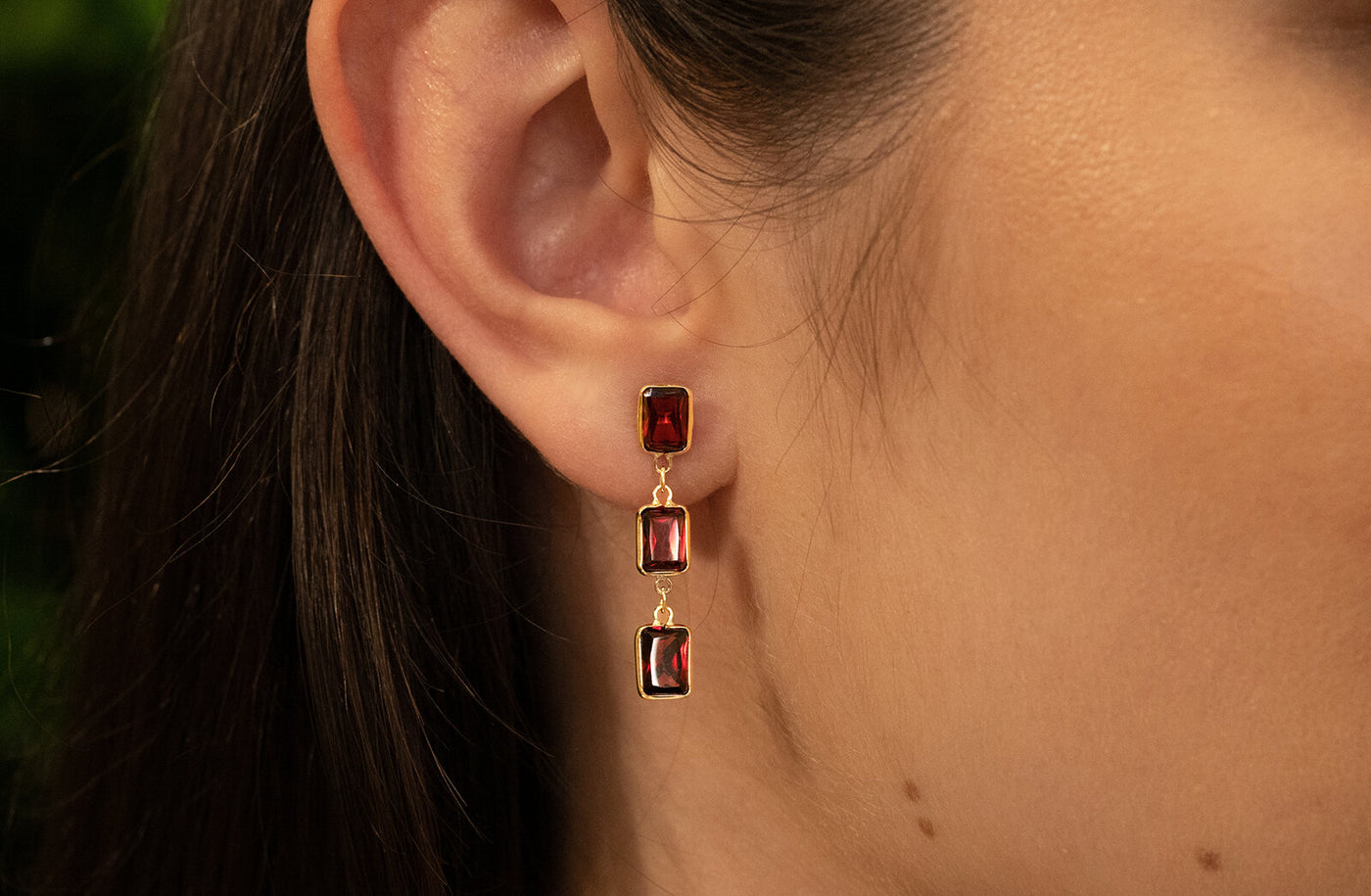 Triple Drop Garnet Earrings in Yellow Gold | 7.00ctw