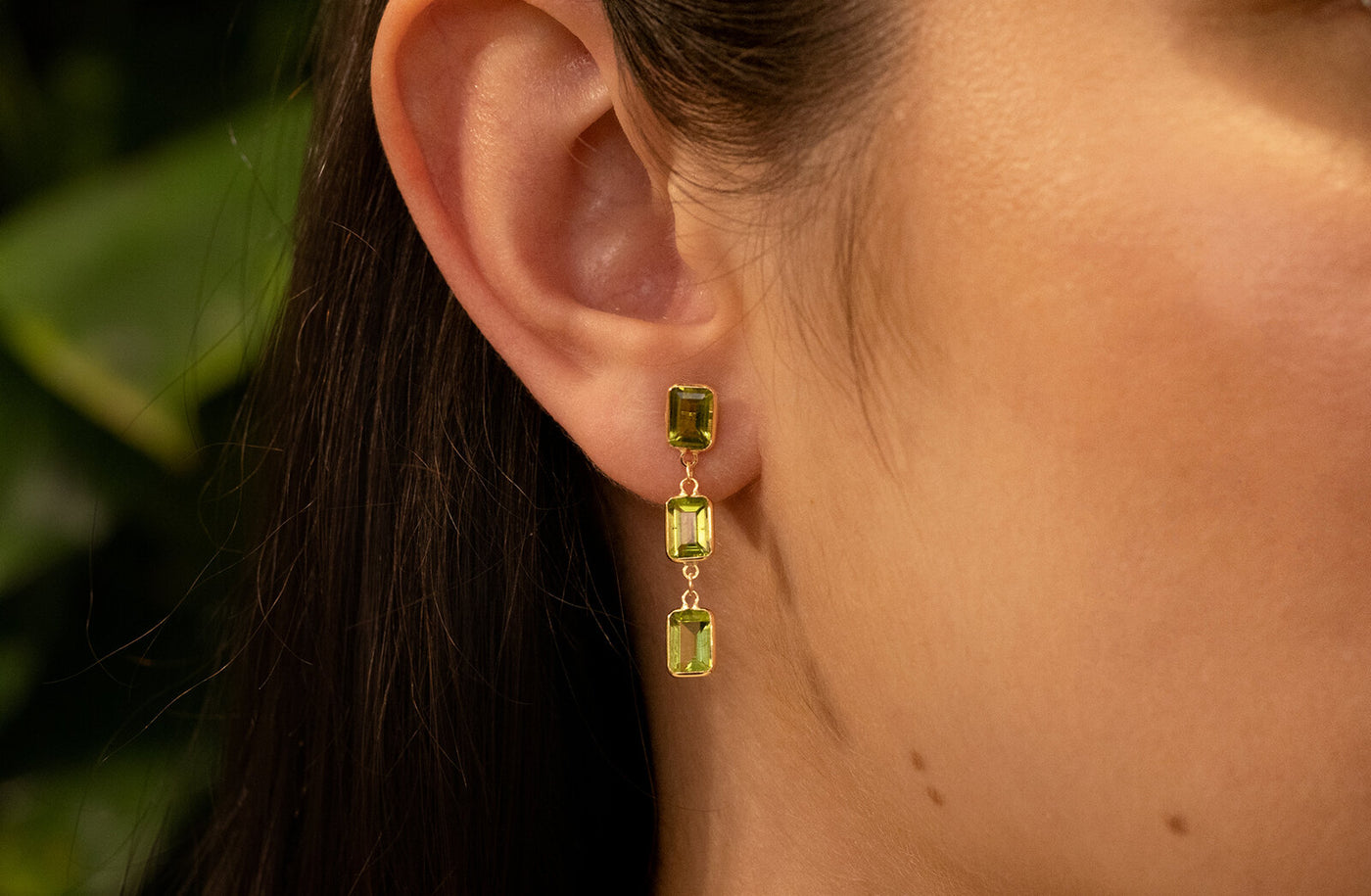 Triple Drop Peridot Earrings in Yellow Gold | 4.90ctw